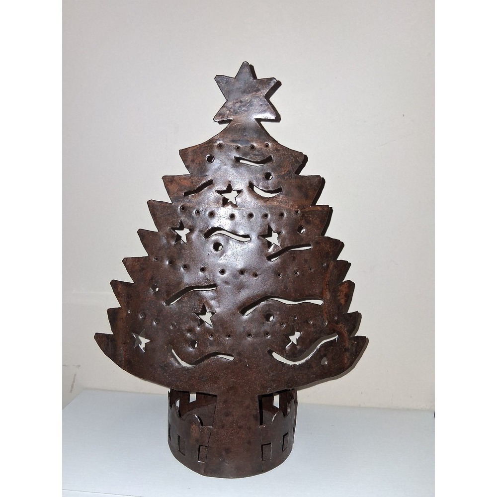 14" Handmade Haitian Metal Christmas Tree Candle Holder Rustic Holiday Decor‎